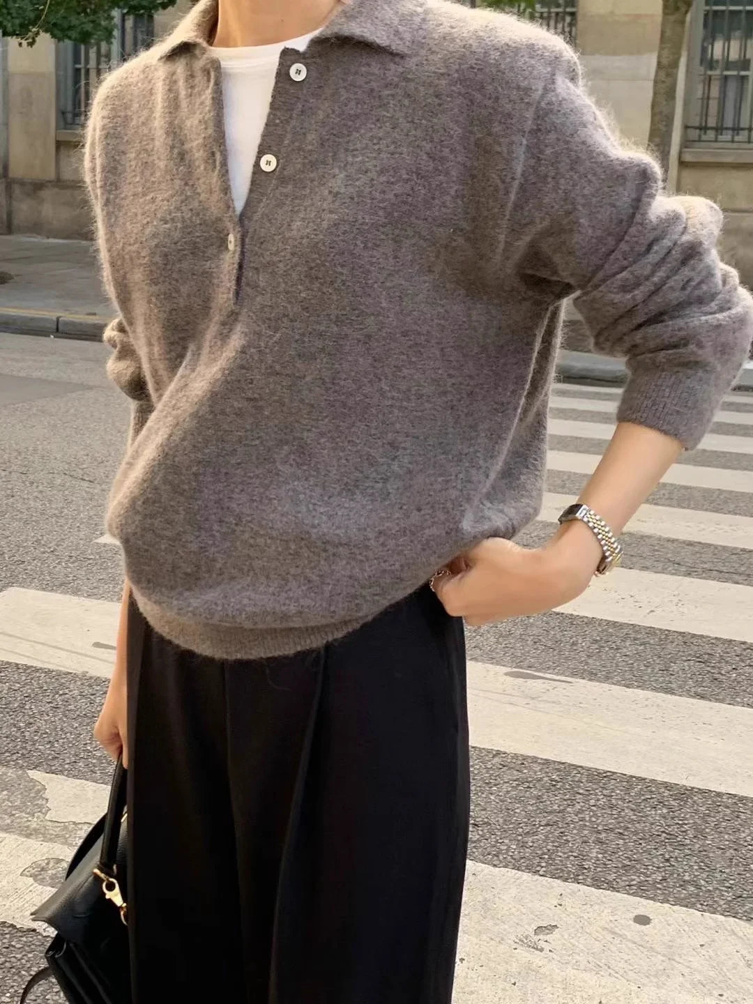100 Wool Womens Knitted Sweater 2025 AutumnWinter Solid Color Casual Collar Polo Wool Sweater 251023