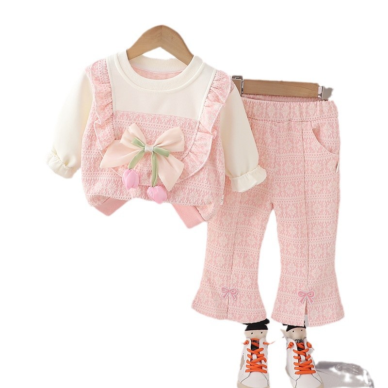 Free Shipping 2025 Girls Tulip Bow 2-Piece Set, Spring Autumn Fashion Outfit for Baby Girl, Cute Toddler Clothes for Little Girls
