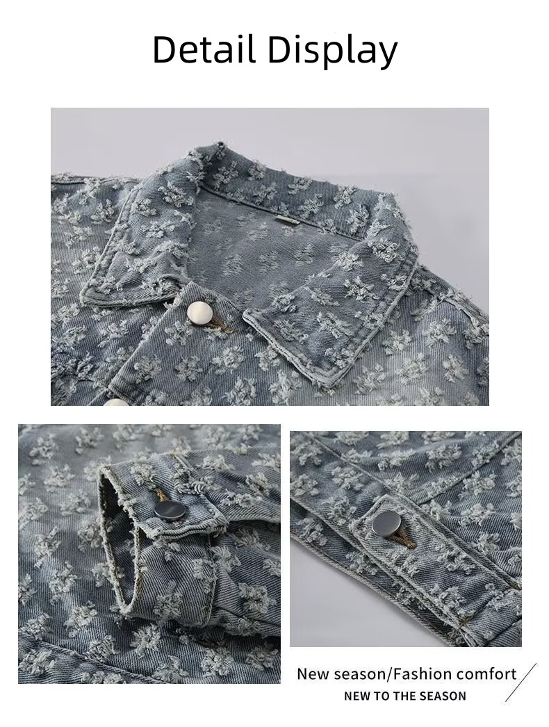 Men's Denim Washed Jacket Jacquard Pattern High street Loosen Fit Vintage design Coats COTTON Jackets Tops Males Casual Winter Clothes Asian Size