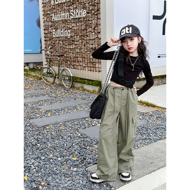 Free Shipping 2025 Spring Girls Parachute Cargo Pants, American Style High-Waisted Wide-Leg Joggers, Loose Casual Trousers for Big Kids & Teens