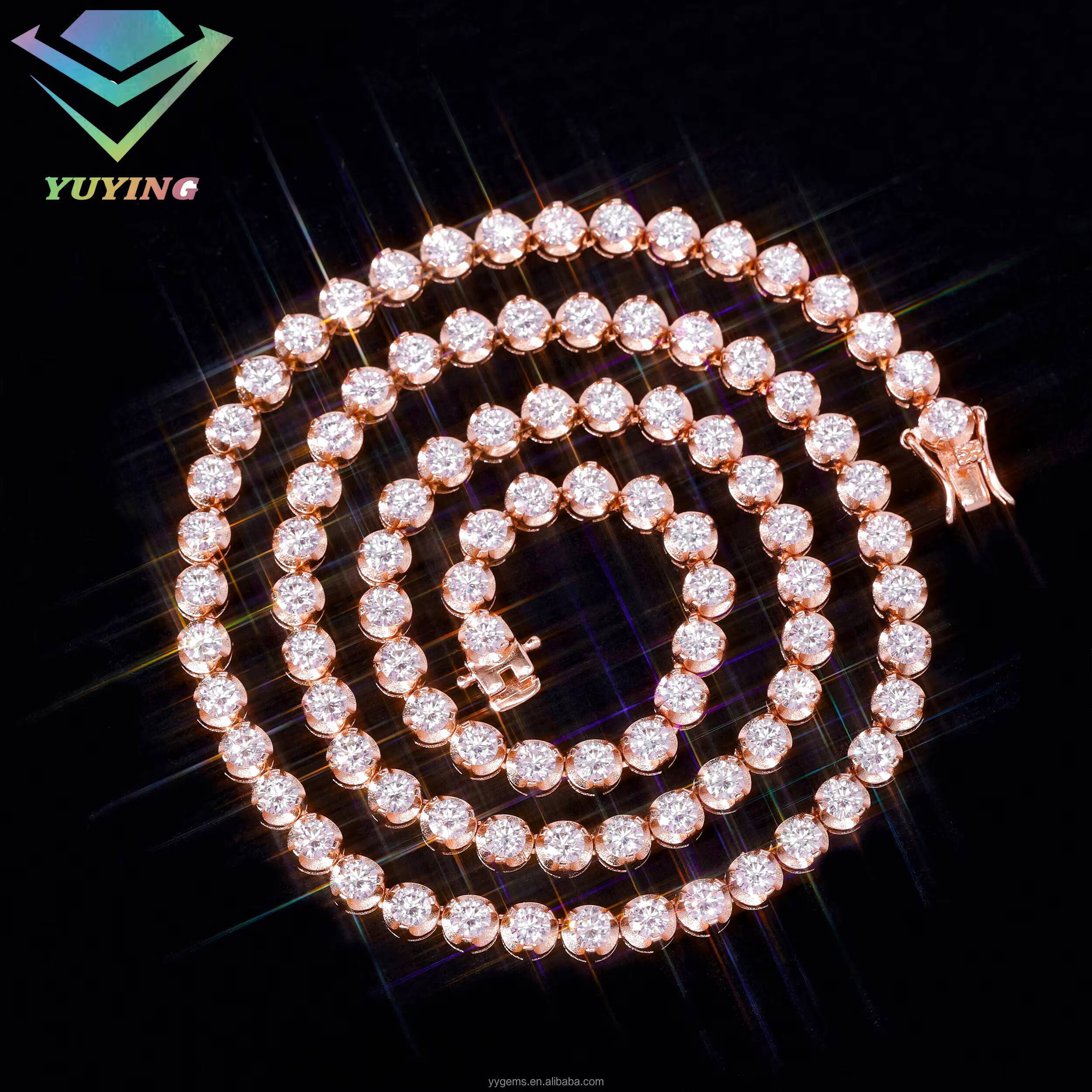 Fashion 3 Prongs 925 Sterling Silver 4mm VVS Mossanite Tennis Chain High Quality 18k Rose Gold Plated Moissanite Tennis Chain