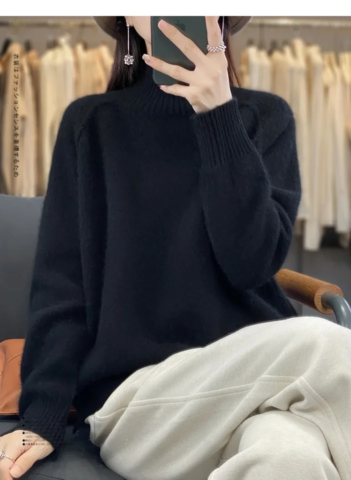 Womens HighNecked Cashmere Sweater 100 Soft Wool Thickened Lazy Raglan Sweater with Slit for Autumn Winter Comfortable Waxy W 251023