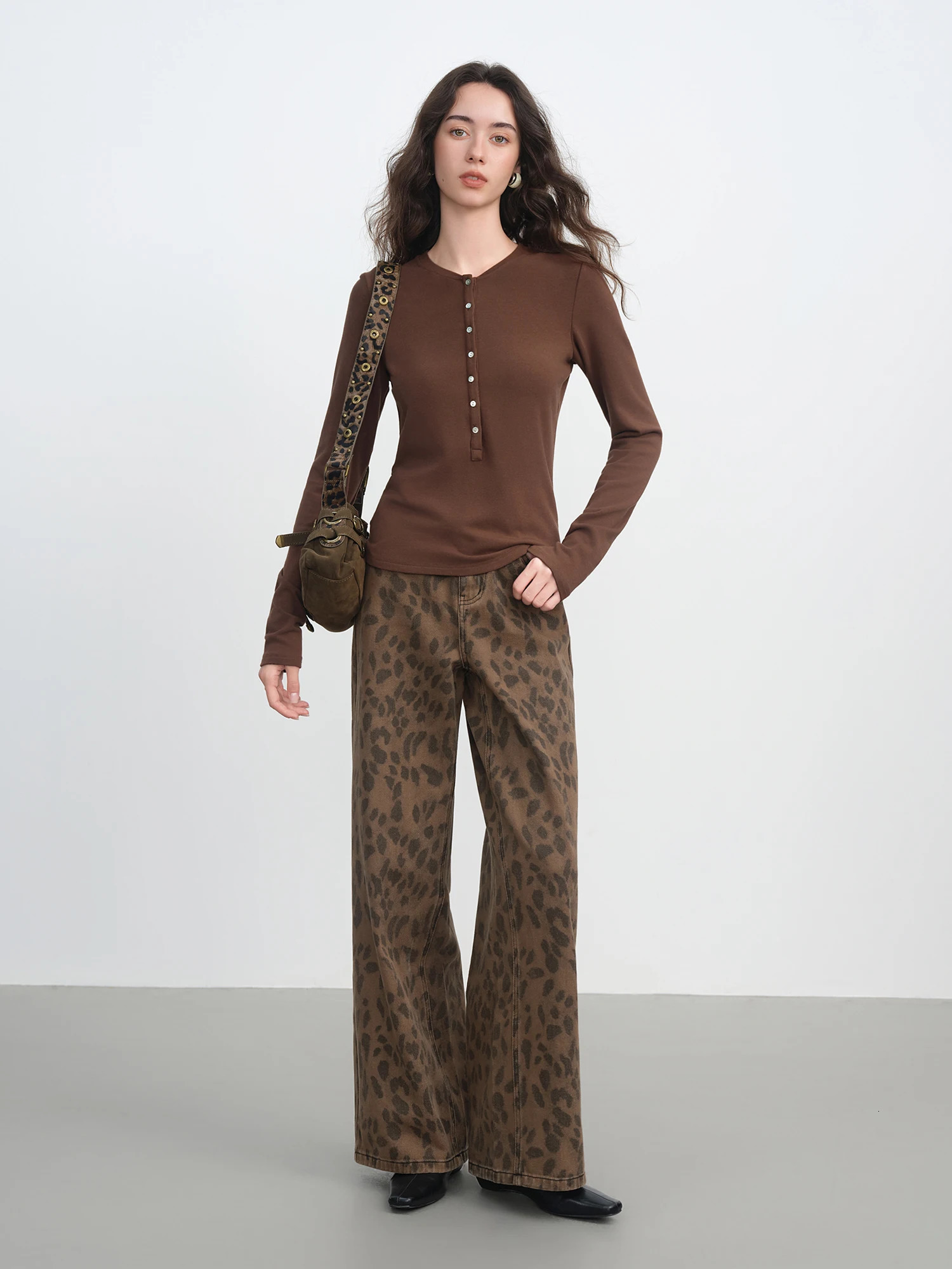 FSLE 2025 Womens Jeans Chic Brown Straight Leg Pants Cotton Washed Denim High Waist Tummy Control Slim Fit Casual Trousers 251023