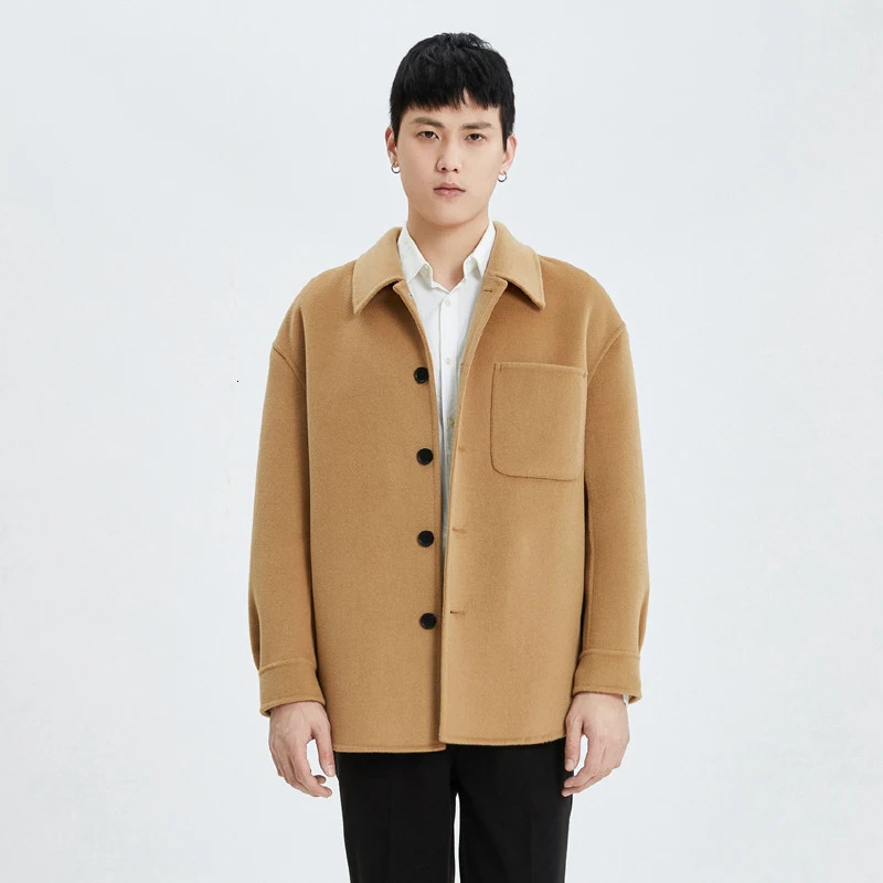 Autumn Winter Woolen Coat Men Drop Shoulder Sleeve Loose DoubleSided 100 Wool Short Lapel Shirt Style Jacket 251017