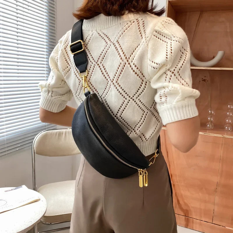 Fashion Woman Chest Bag Black Color Wide Single Strap Zipper Half Moon PU Leather Messenger Shoulder Bags Fanny Pack 251023