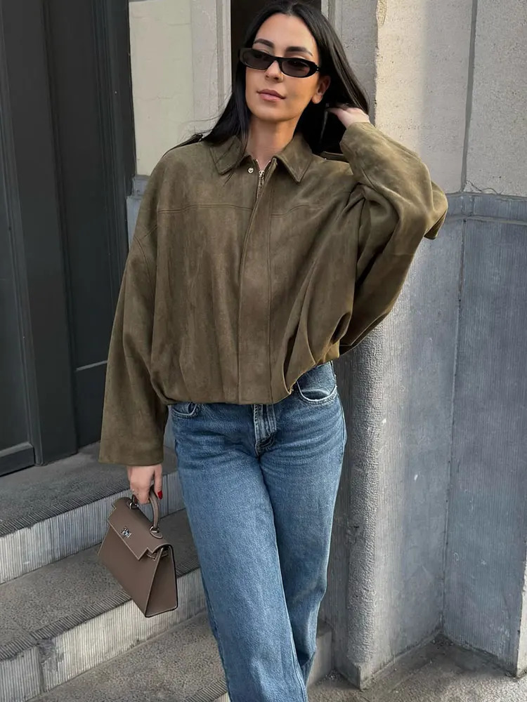 Vintage Womens Suede Bomber Jacket Solid Long Sleeves Lapel Zipper Coats Autumn Chic Streetwear Casual Lady Outwear 251020