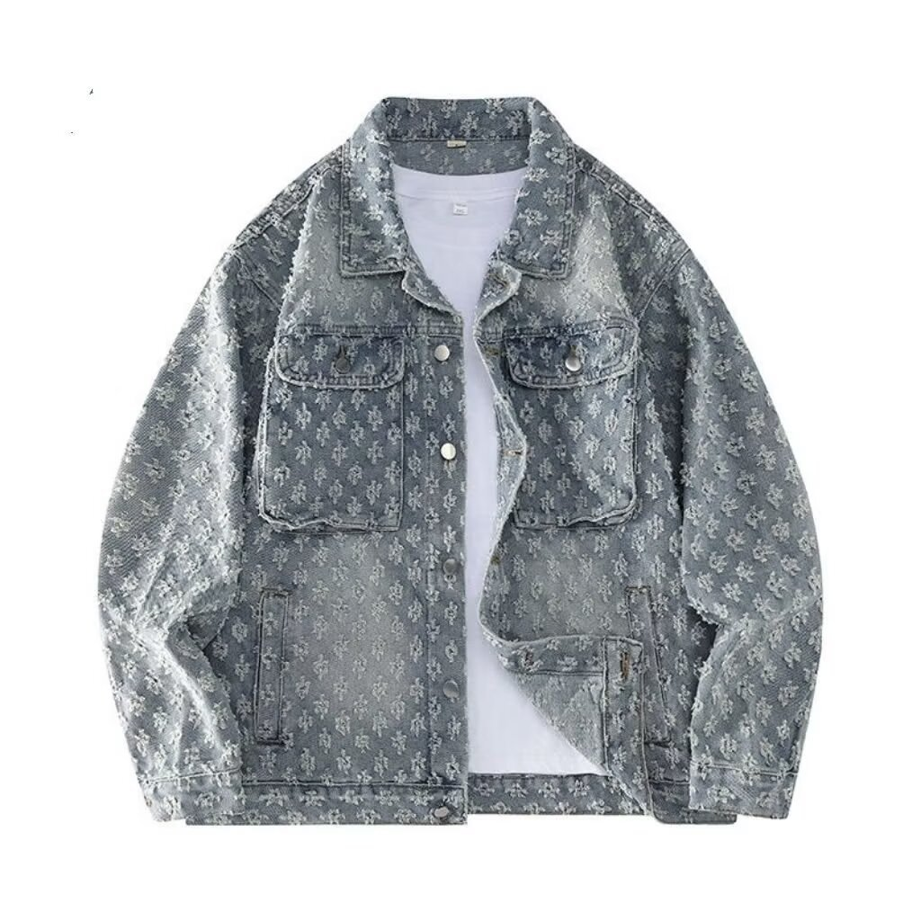 Men's Denim Washed Jacket Jacquard Pattern High street Loosen Fit Vintage design Coats COTTON Jackets Tops Males Casual Winter Clothes Asian Size