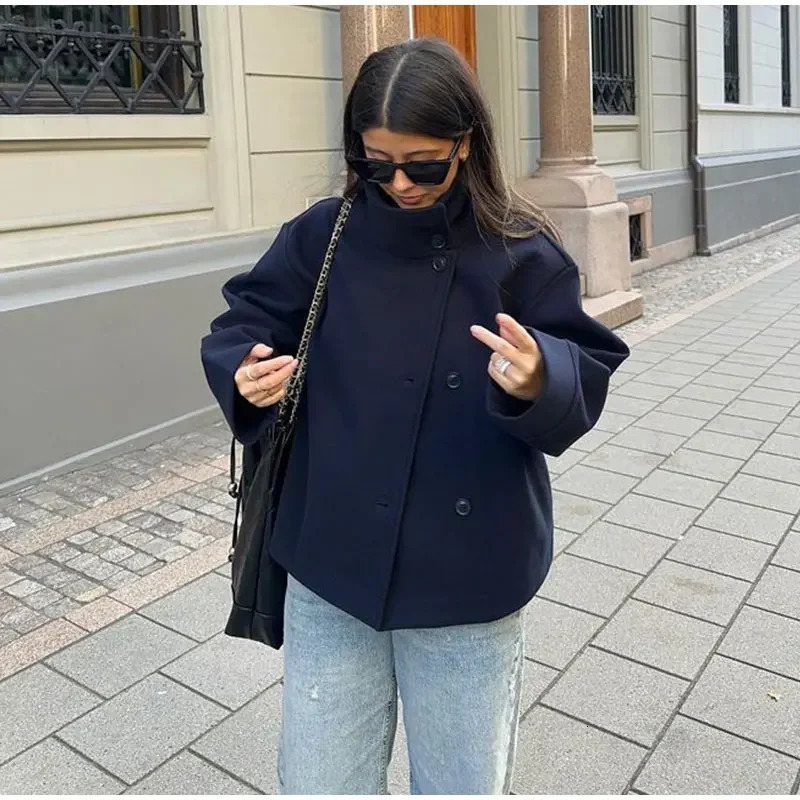 Women Fashion Stand Collar Woolen Jacket Single Breasted Long Sleeve Female Coat 2025 Autumn Chic Street Office Short Outerwears 251017