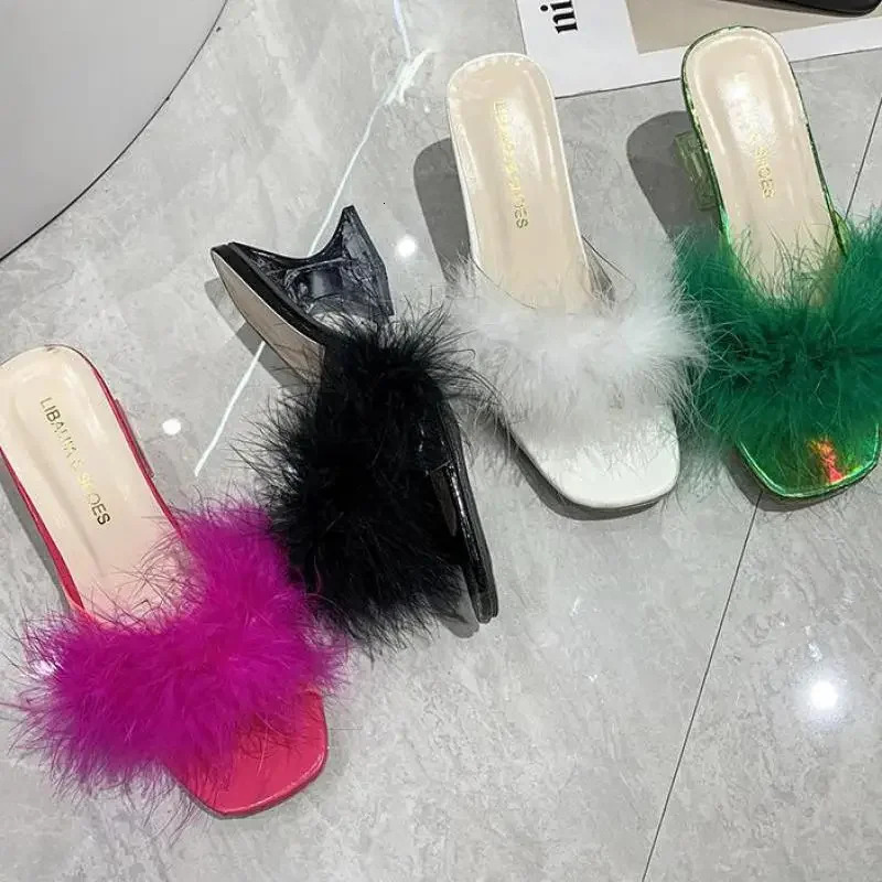 Summer Fluffy Peep Toe Sexy High Heels Women Shoes Fur Feather Lady Fashion Slip On Ytmtloy Indoor House Slippers 251023