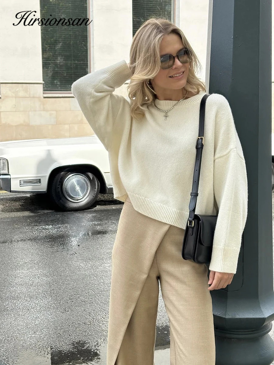 Hirsionsan Basic O Neck Basic Sleeve Sweater Women 2025 Oversized Short Knitted Pullovers Female Casual Thick Warm Soft Tops 251027