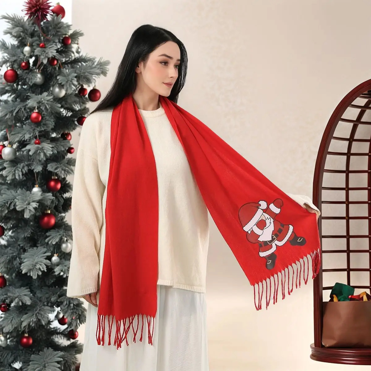 Christmas Red Printed Cashmere Scarf Pashmina Tassel Scarves Neck Protection Deer Elk Printed Wrap Gift Long Shawl 18330cm 251024