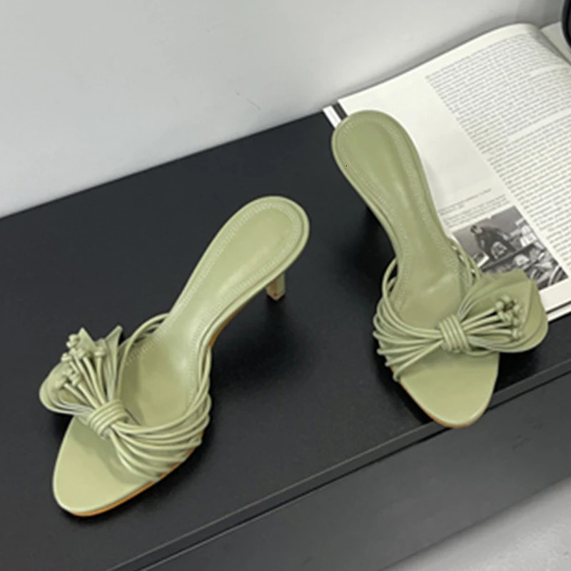 Liyke Women Green Leaf Narrow Band Summer Slipper Sandal Street Fashion Open Toe Mules Thin Low Heels Party Dress Shoes 251023