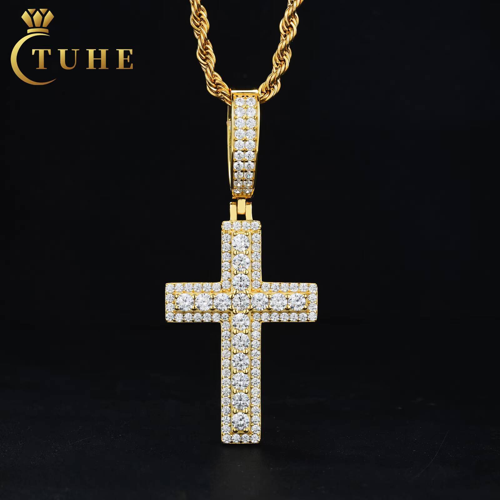 Christian Jewelry Fashion 925 Sterling Silver Lab Grown Moissanite Diamond Iced Out 2 Layers Cross Pendant for Men