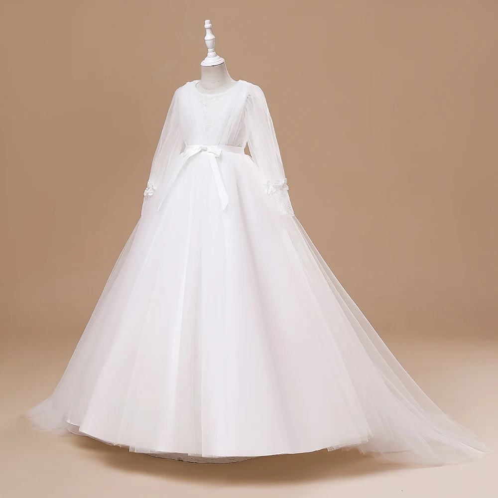 Long Sleeve White Lace Bridesmaid Dresses Teens Girls Birthday Princess Party Dress Children Formal Wedding Evening Vestidos 251023