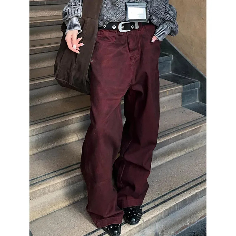 2025 Vintage Women Burgundy Jeans High Waist Y2K ed American Style Streetwear Denim Pants Casual Female 90S Trousers 251023