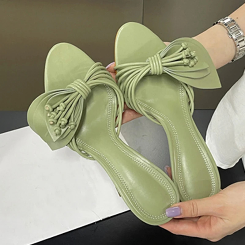 Liyke Women Green Leaf Narrow Band Summer Slipper Sandal Street Fashion Open Toe Mules Thin Low Heels Party Dress Shoes 251023