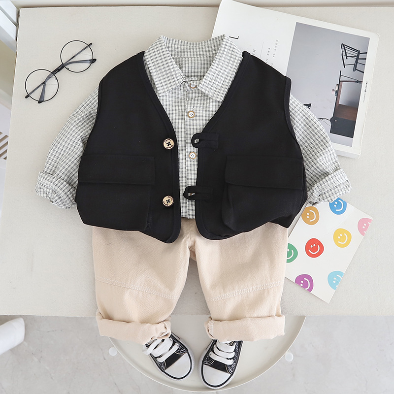 Free Shipping 2025 Boys Plaid Shirt & Vest 3-Piece Set, Autumn Casual Outfit with Suspenders for Toddlers 1-5 Years, Fashion Kids Clothes