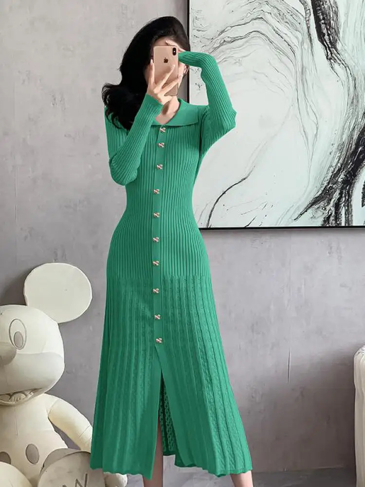 Autumn Womens Black Beige Single Breasted Knitted Long Dress Green Elegant Office Lady Long Sleeve Pleated Dress Trend 251023