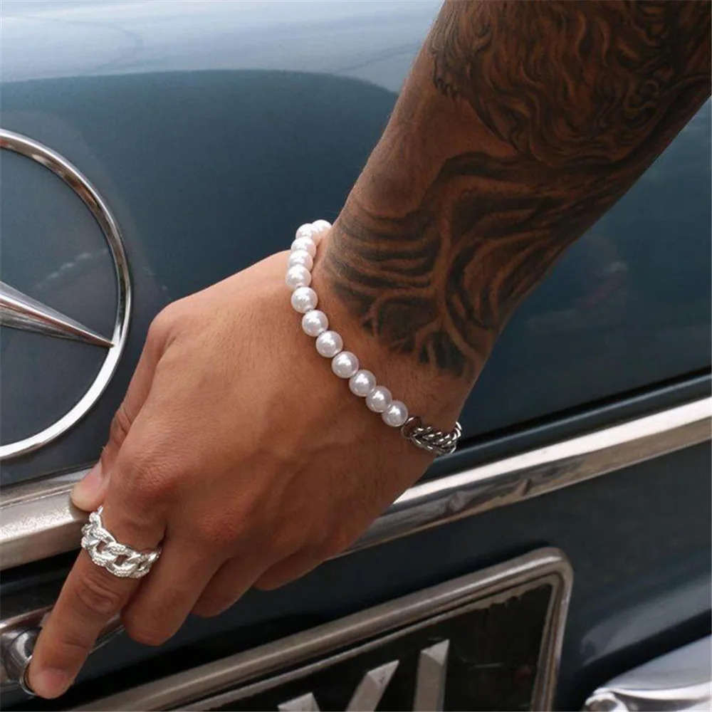 Simple Stainless Steel Pearl Stitch Bracelet Silver Color Men Cuban Chain Bracelet Retro Party Jewelry Mens Fashion Accessories 251023