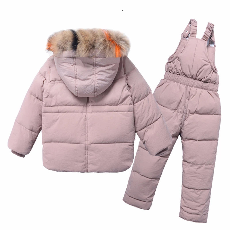 Winter 2 3 4 6 8 Years Fur Hooded JacketOveralls Suit 2Pcs Duck Down Children Clothing Set for Baby Kids Girls Boys 251023