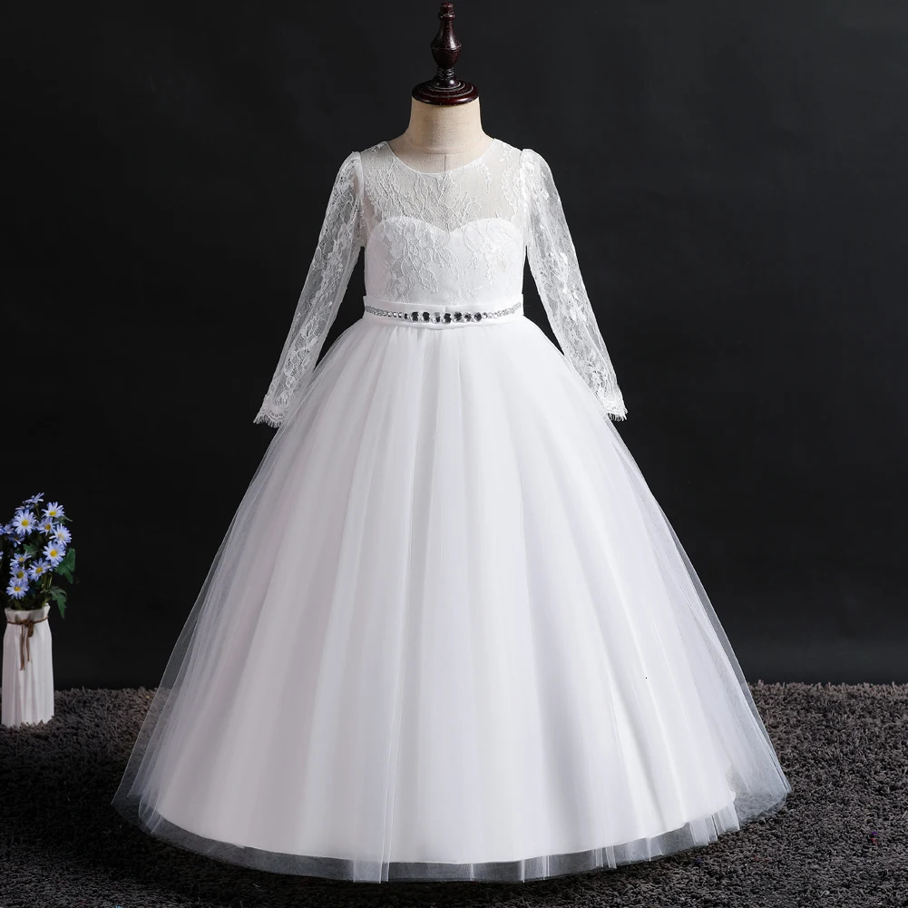 Long sleeved girls fluffy skirt with lace and diamond flower child wedding dress bridesmaid dress for 3 to 12 Year 251023