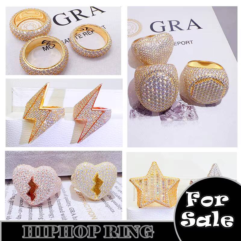 Newest Designs Solid Sterling Silver Mens Heart Shape Iced Out Moissanite Diamond Hiphop Rings