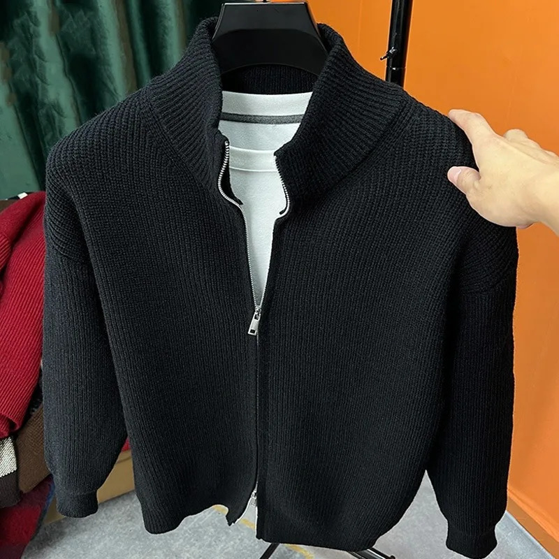Versatile solid color zipper cardigan mens knitted sweater autumn and winter slim fit sweater jacket mens stand up col 251020