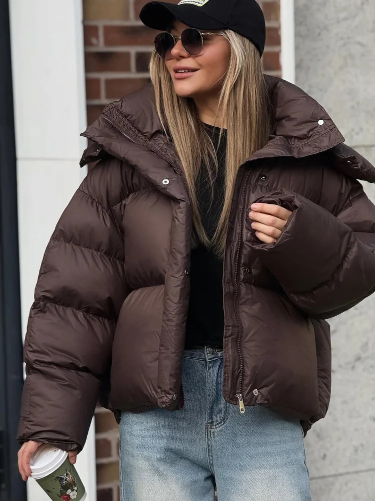 Women Brown Hooded Cotton Coat Fashion Lapel Full Sleeve Zipper Button Warm Loose Short Coats Lady Winter Casual Street Outwear 251020