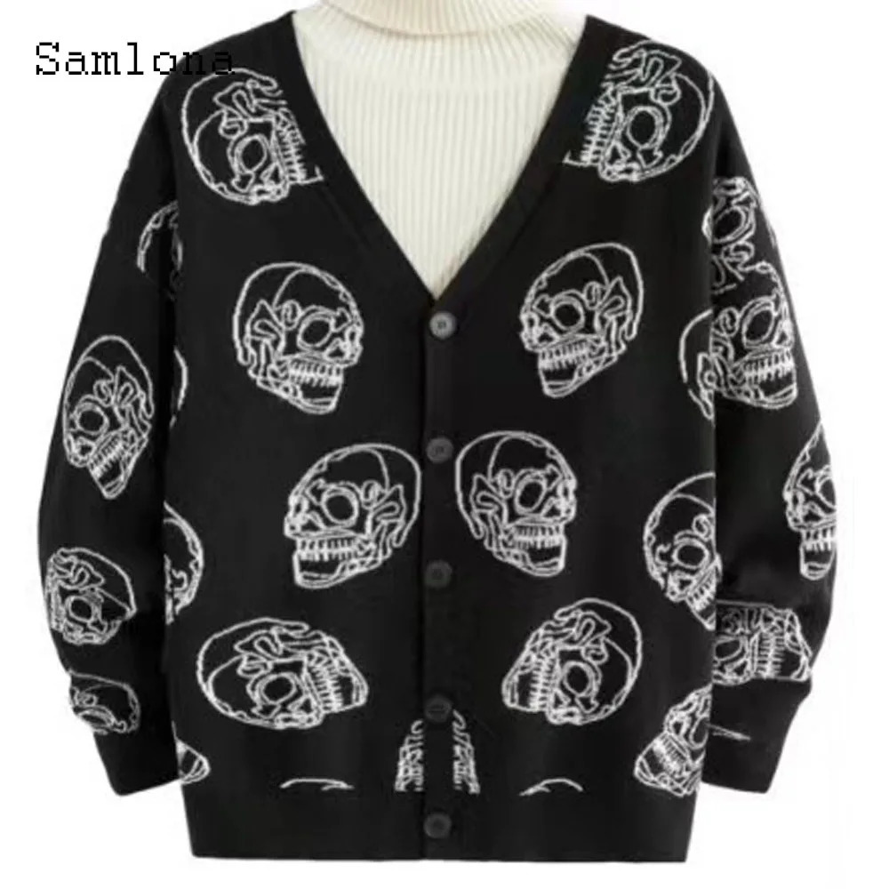 Plus Size Mens Casual Retro Knitted Sweaters Halloween Gothic Fashion Skull Print Top Cardigan Mens Collarless Sweater 251020