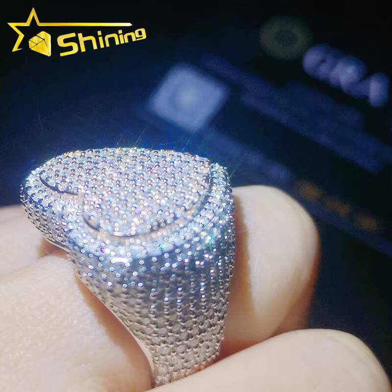 Newest Designs Solid Sterling Silver Mens Heart Shape Iced Out Moissanite Diamond Hiphop Rings