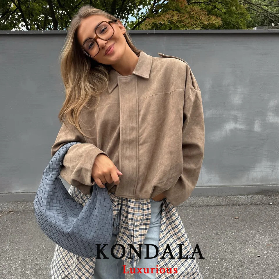 KONDALA Casual Chic Khaki Suede Bomber Jackets Women Long Sleeve Zipper Oversized Coats Fashion Fall Winter Outwears 251020