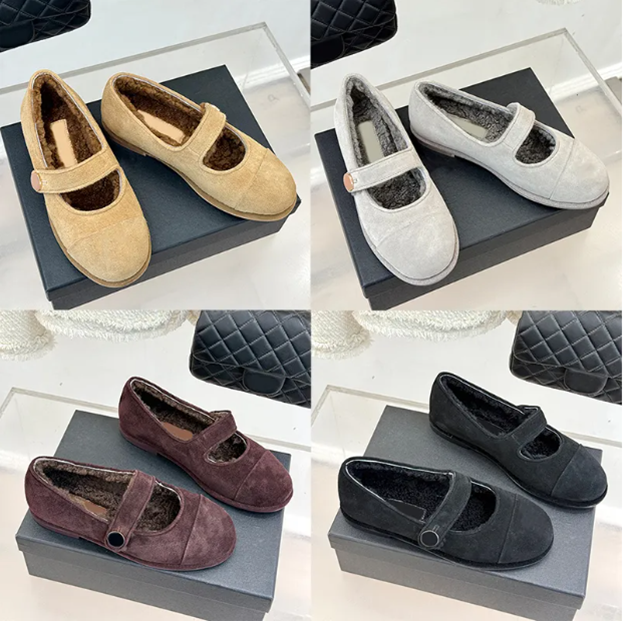 Top quality winter Warm Round-toed real Leather fur Ballet flats Fluffy furry Mary Jane womens ballerina luxe strass designer shoes
