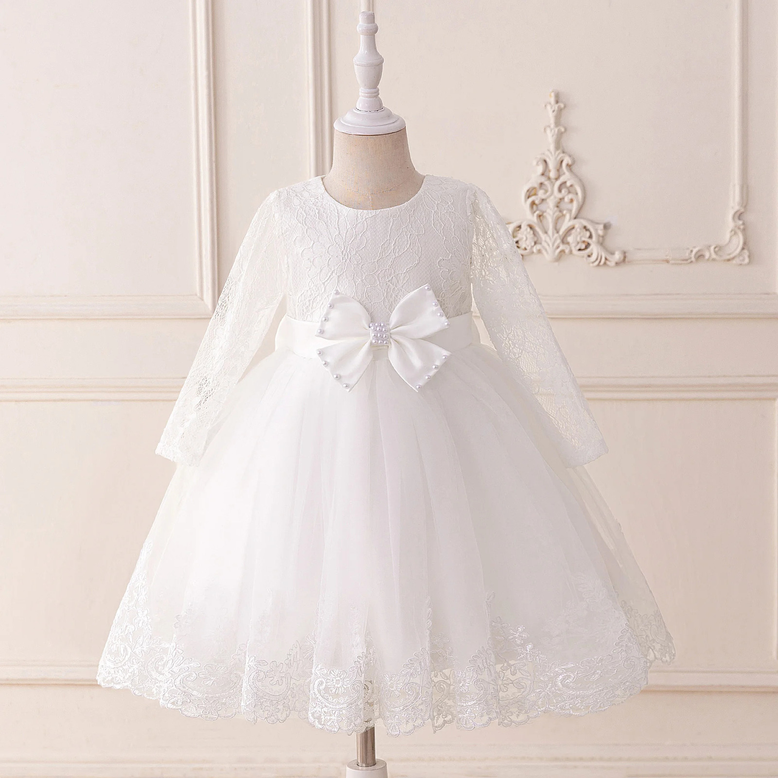 Elegant Bow Bridesmaid Party Girls Dress Long Sleeve Lace Baptism Princess Birthday Prom Dress Girl Wedding Pageant Kids Costume 251023