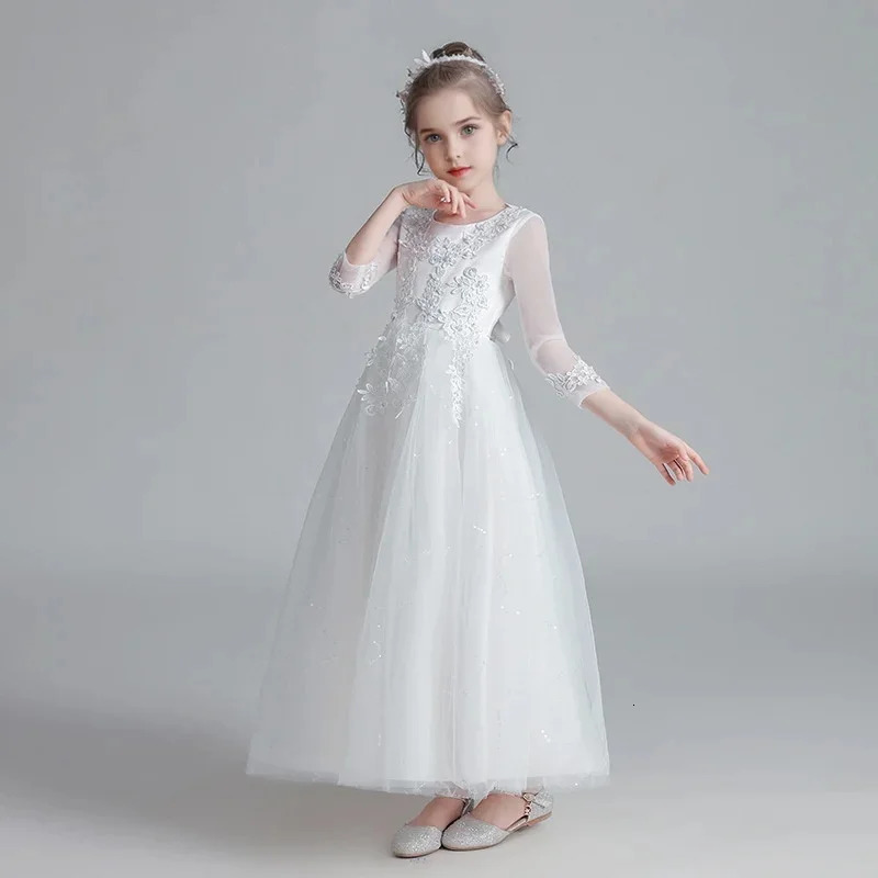 Flower Girl Wedding Long Sleeve Bridesmai Dress Teenage Girls White Baptismal Clothes Kids Birthday Party Princess Dress Easter 251023