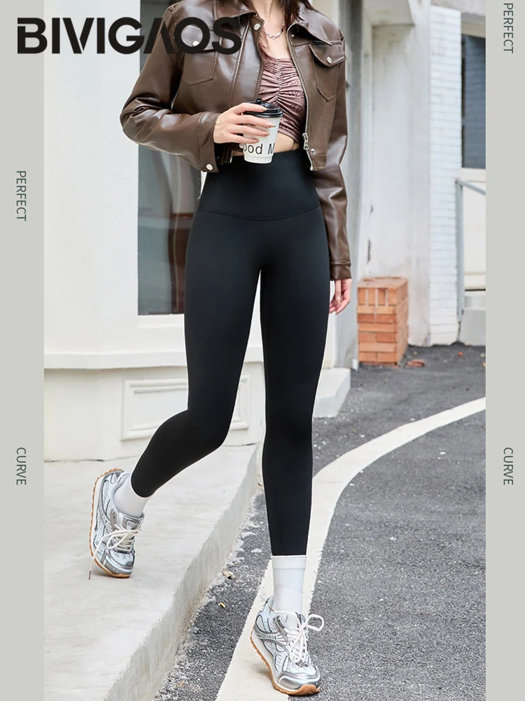 BIVIGAOS Grey Fleece Warm Sharkskin Leggings Women Autumn Winter High Waist Tight Slimming Push Up Butt Lifter Casual Leggings 251020