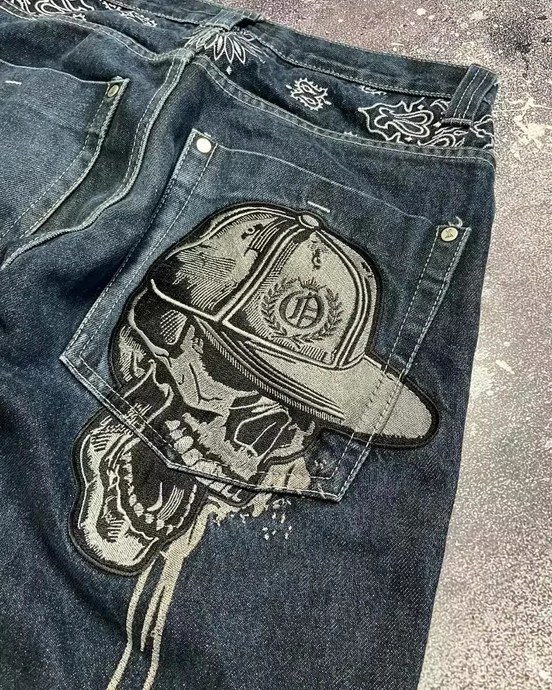 Street Fashion Trend Skull Embroidered Jeans Women Harajuku Y2K Hip Hop Joker Straight Wideleg Pants Couple Casual Jeans 251023