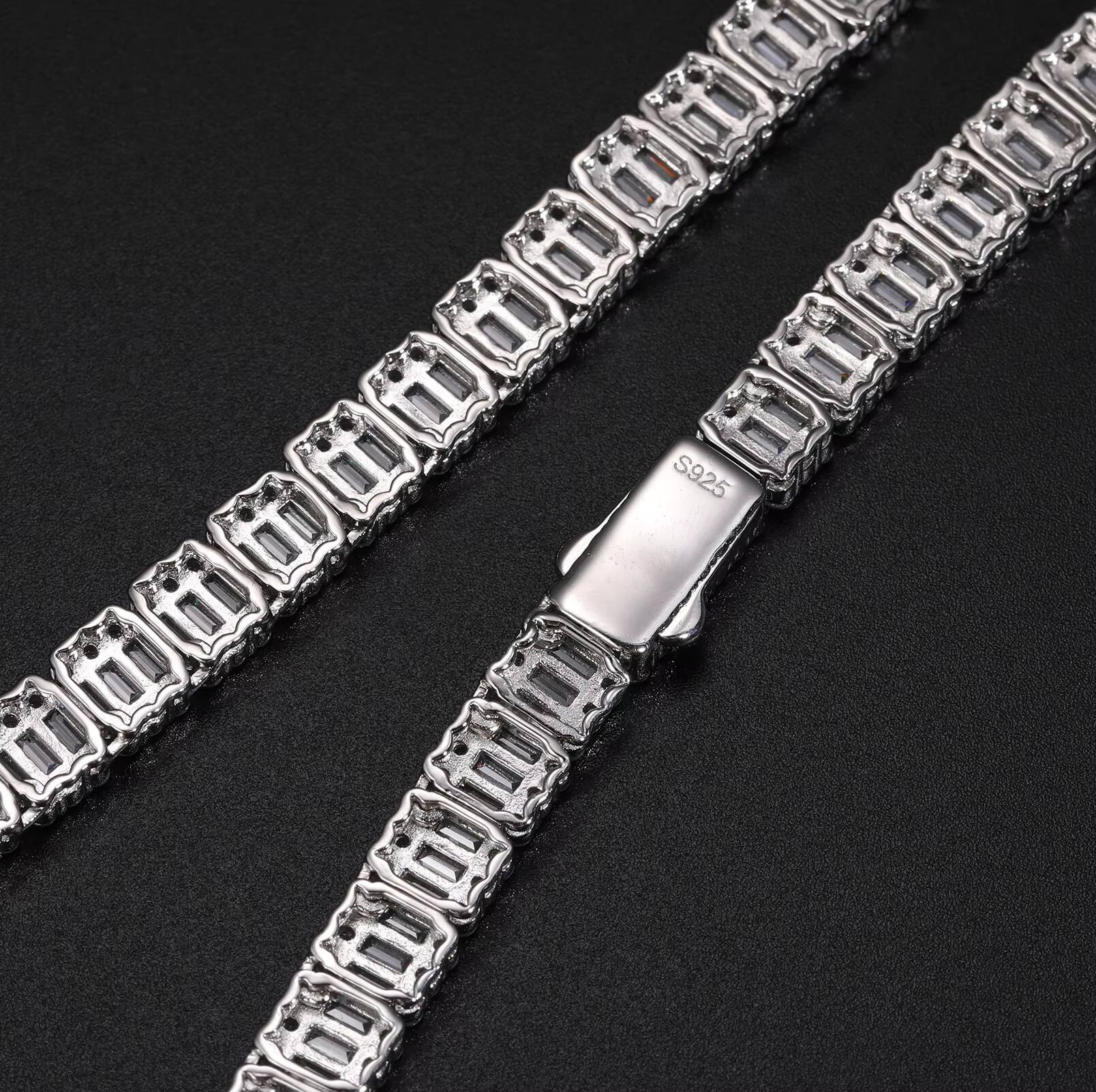 Luxury 8mm 925 Sterling Silver Emerald Cut VVS Baguette Moissanite Diamond Iced Out Cube Tennis Chain Necklace for Men
