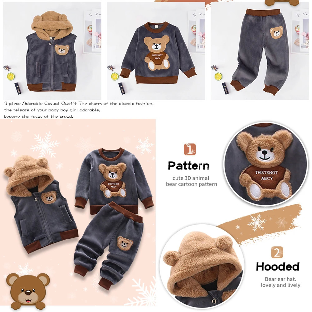3PCS Winter Autumn Toddler Baby Boys Girls Clothes Baby Sweaters Coat Pants Hooded Vest Outfit Set Infant Warm Clothing Suits 251023