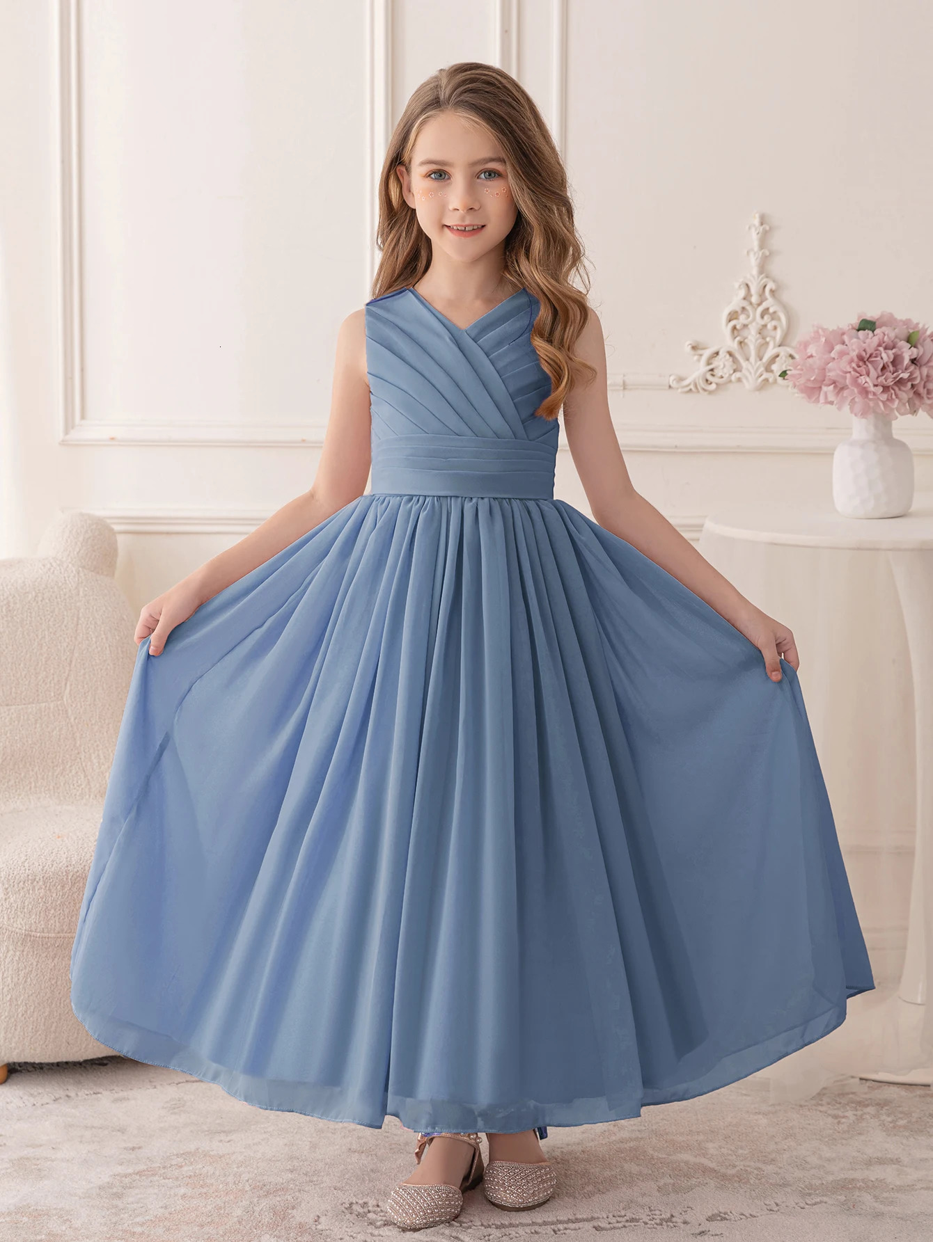 Teenage Gray blue Chiffon Evening Gown Suitable for Childrens Wedding Ceremonies Girl Princess Dress 251023