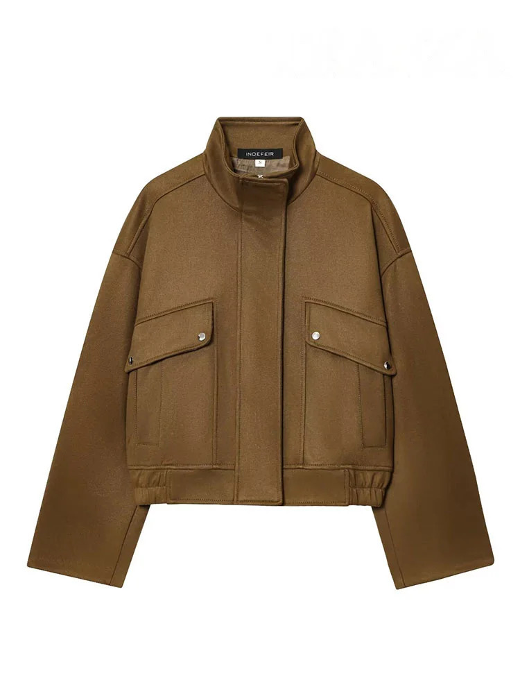 HH Womens Autumn Suede Textured Jacket Female Fashion Long Sleeves Zipper High Neck Pockets Decorative Casual Street Coats 251020