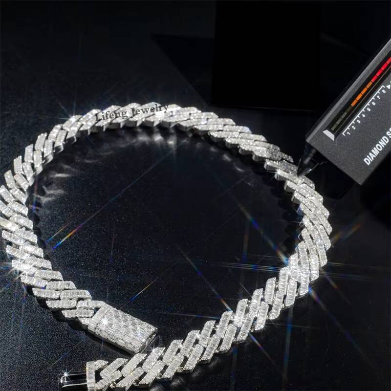 Hot Sell 925 Sliver White Gold Plated VVS Moissanite Pass Diamond Tester 18mm Miami Cuban Link Chain baguette Necklaces for Men