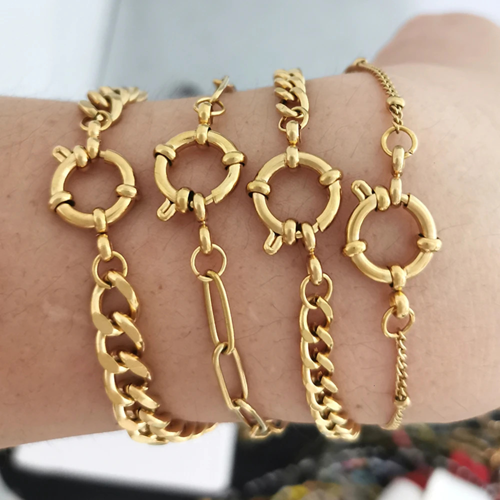 QMHJE Stainless Steel Bracelet Women Men Anchor Clasp Beads Chain Sailor Wheel Geometric Link Basic DIY Gold Silver Color Punk 251023