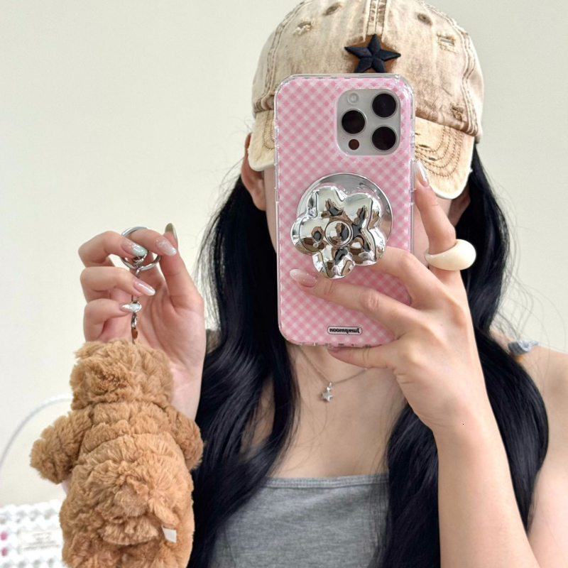 INS Pink Plaid Magnetic Compatible iPhone 16 Pro Case 15 Korean Style 14P, M Full Coverage 13 Girl