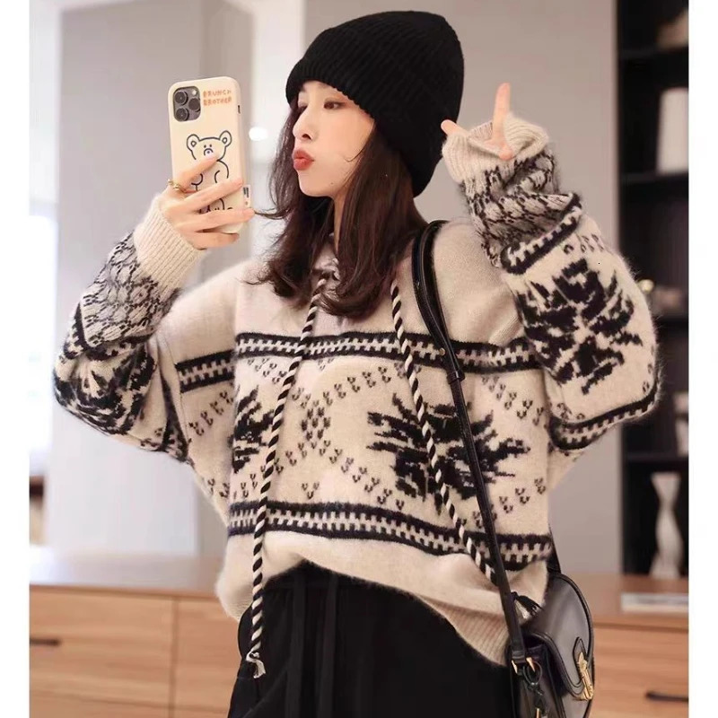 100 pure wool cashmere sweater womens autumn and winter hooded collar pullover fashionable loose knit plus size top 251023