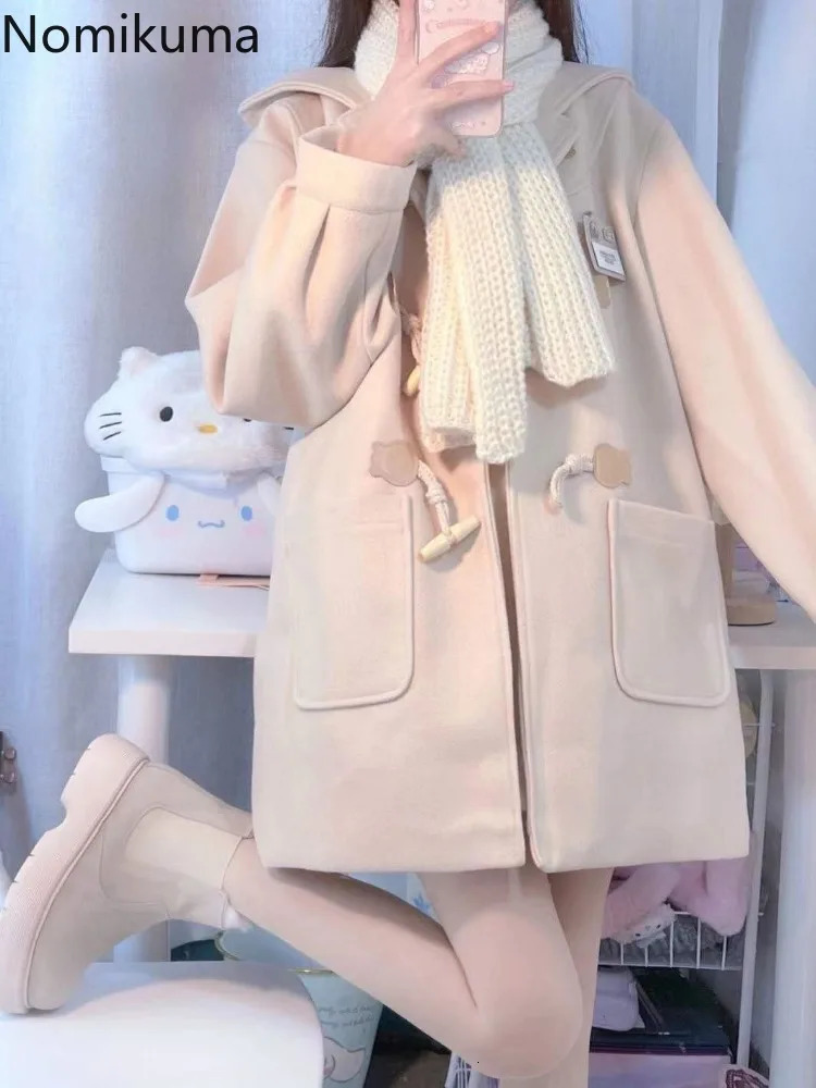 Preppy Style Wool Coat Women Japanese Blends Ropa Mujer Hooded Solid Color Oversized Outwear Casual Fashion Thick Jackets 251020