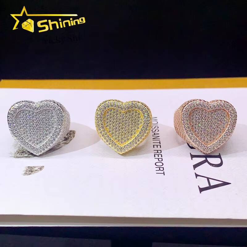 Pass Diamond Tester 925 Silver Hip Hop Heart Style Moissanite Diamond Ring Custom Fine Jewelry Rapper Ring