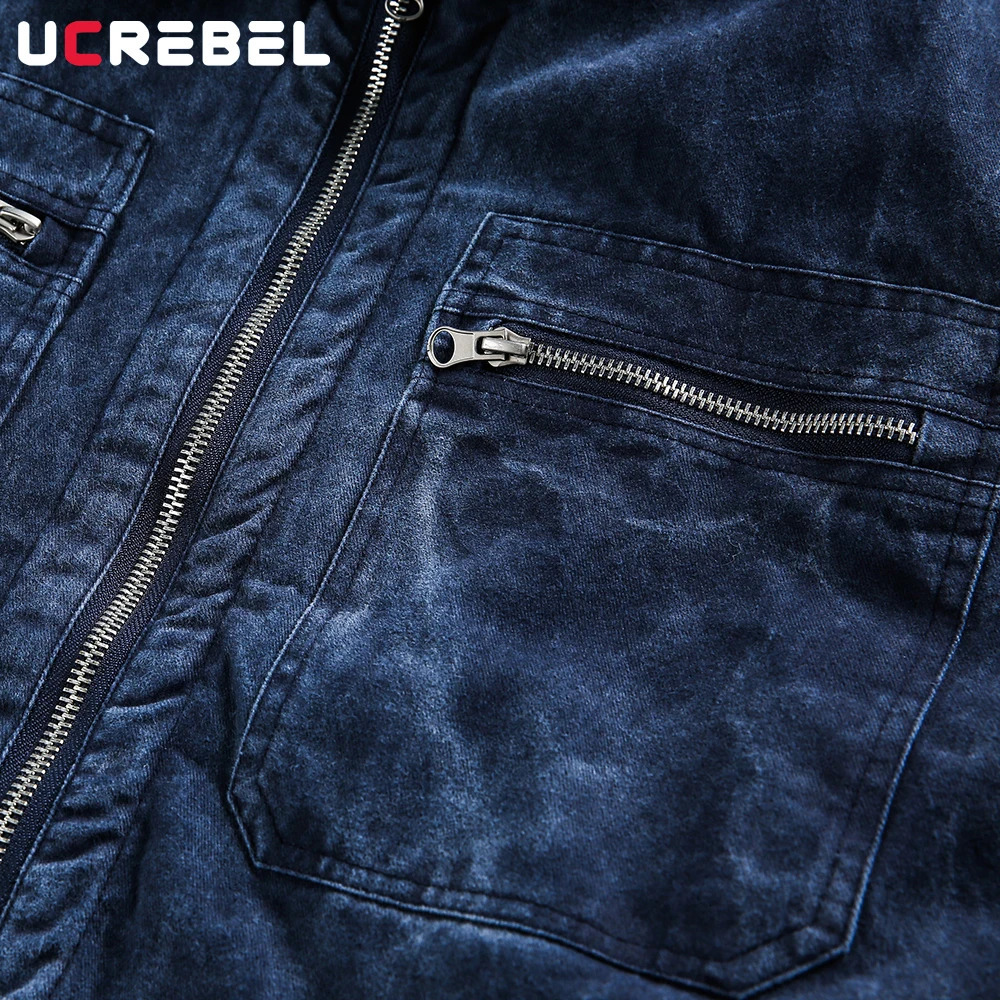Pocket Denim Quilted Jacket Mens Winter High Street Washed Distressed Thick Lapel Long Sleeve Padded Man 251017