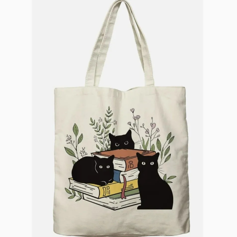Black Cat Canvas Tote Bag with Zipper Pockets Vintage Flowers Cute Shopping Grocery Bags Birthday Gift 251018