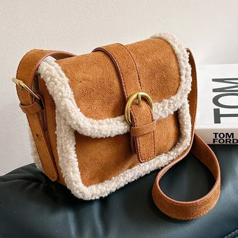 Autumn Winter Plush Bag Womens Retro Small Square Handbags New Lamb Wool Patchwork Shoulder Crossbody Bags R251103