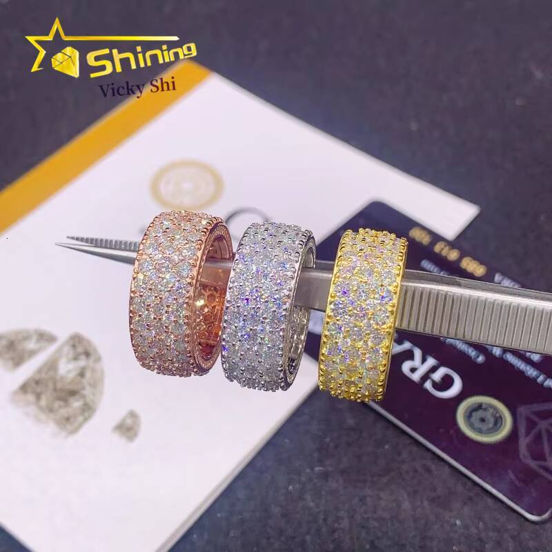 Fine Jewelry S925 Silver Hip Hop Three Rows Moissanite Ring Custom Iced Out Diamond Ring Band for Men Women